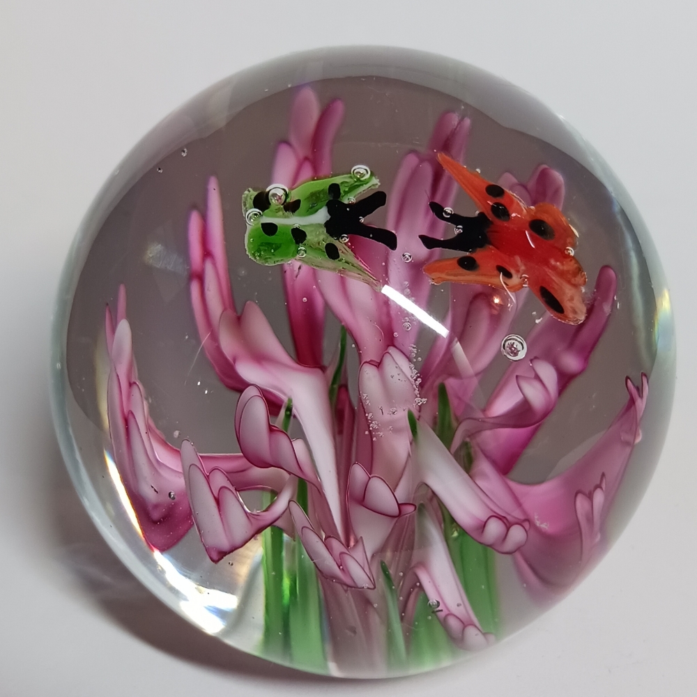 2" Art Glass Paperweight with Pink Flower And Butterflies